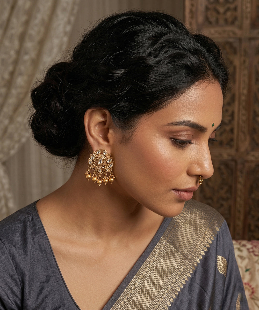 Hinayat Handcrafted Gold Plated Earrings In Floral Motif With Semi Precious Stones