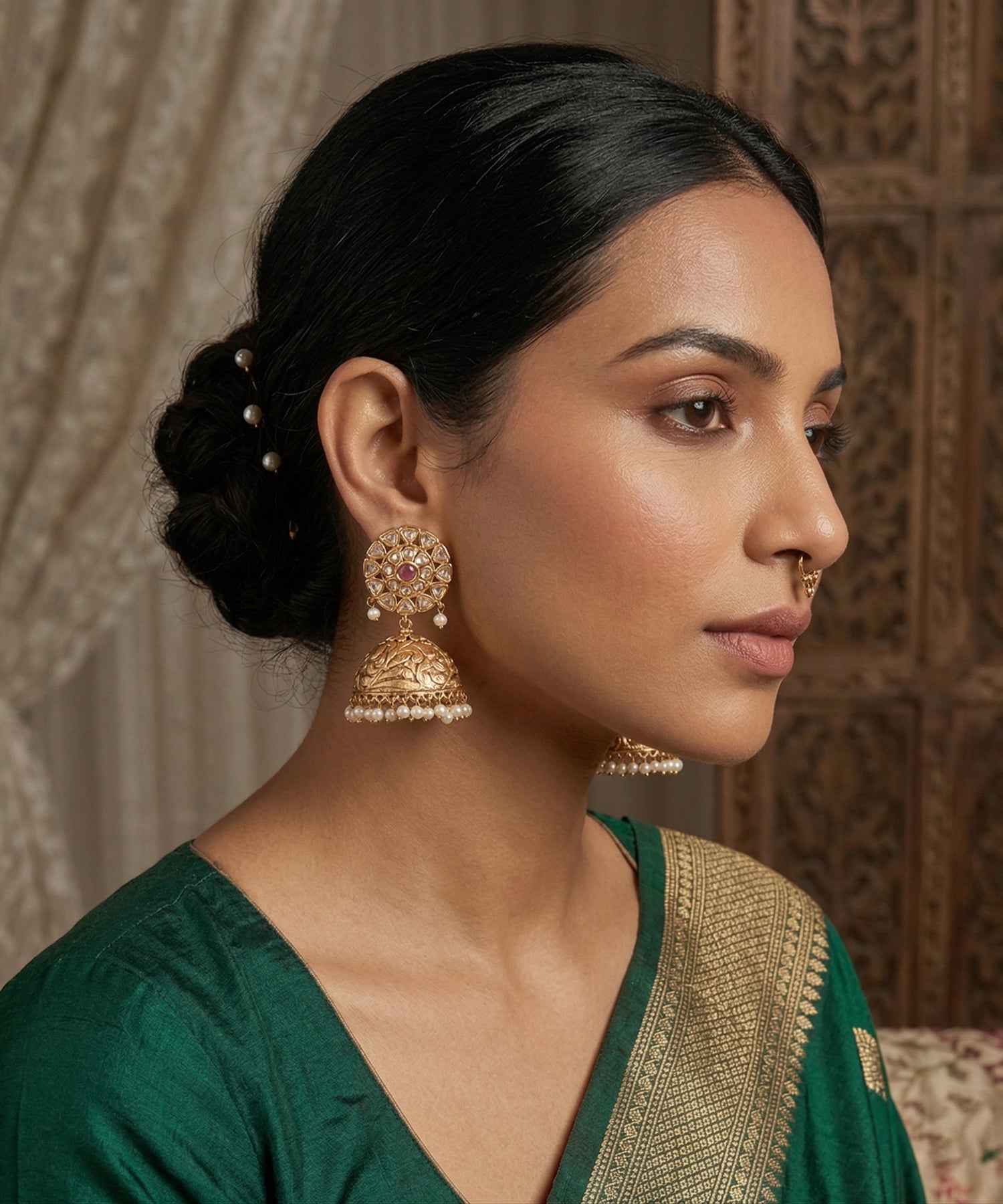 Gulnaar Handcrafted Gold Plated Jhumki Earrings With Pearls And Semi Precious Stones