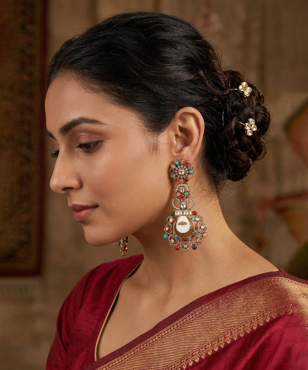 Guneet Handcrafted Gold Plated Earrings With Colourful Semi Precious Stones