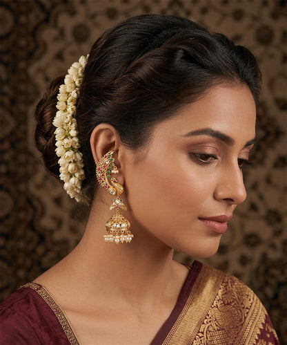Sana Handcrafted Gold Plated Jhumki Earrings With Peacock Motifs And Semi Precious Stones And Pearls
