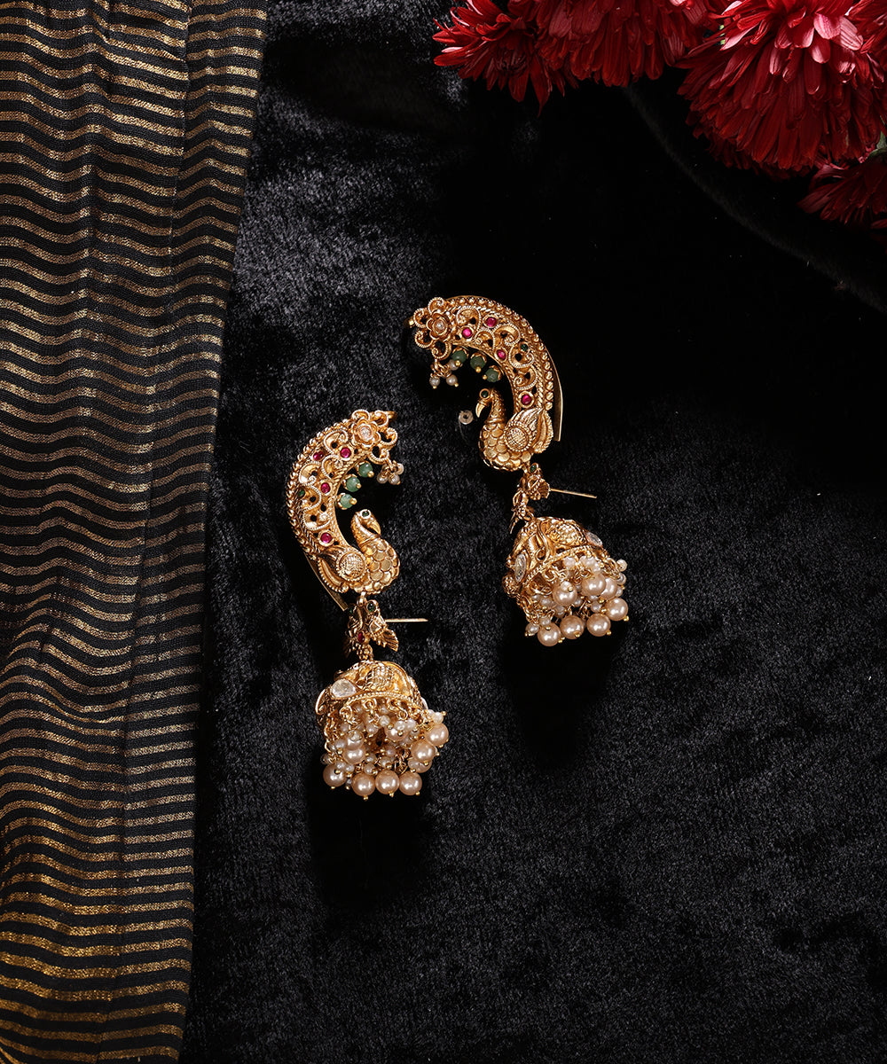 Sana_Handcrafted_Alloy_Gold_Plated_Jhumki_Earrings_With_Peacock_Motifs_And_Semi_Precious_Stones_And_Pearls_WeaverStory_01