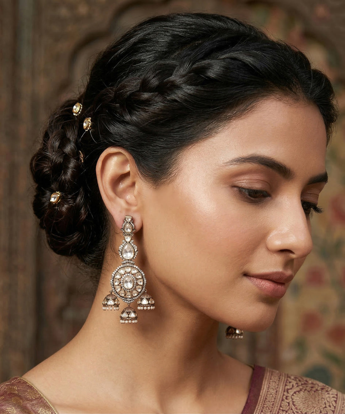 Dhara Handcrafted Gold Plated Alloy Earrings With Semi Precious Stones And Pearls