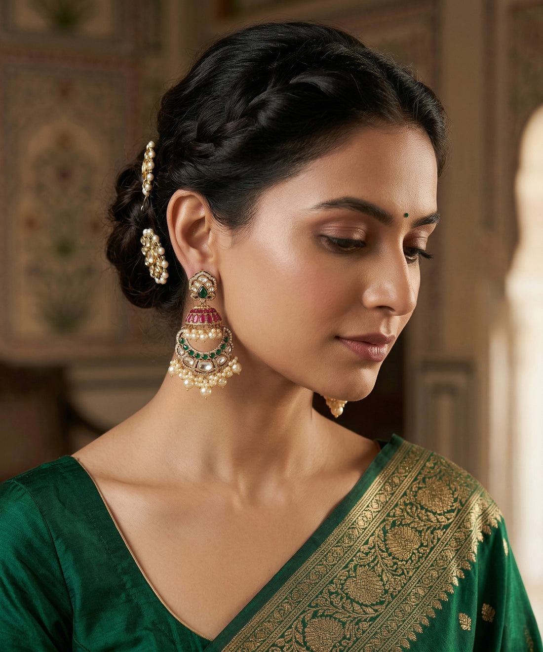Diza Handcrafted Gold Plated Alloy Chandbali Earrings With Semi Precious Stones