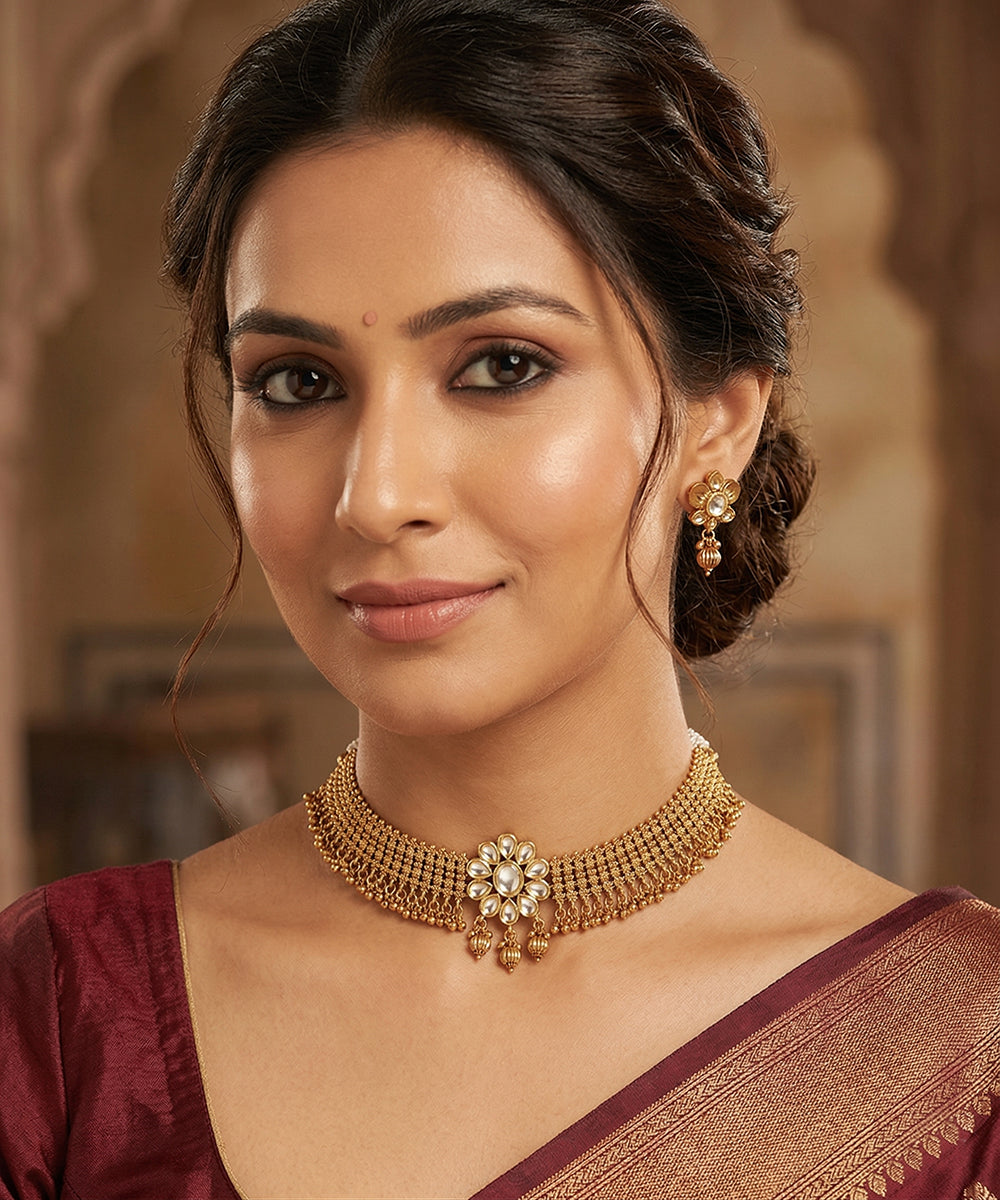 Kamia Handcrafted Gold Plated Choker Necklace Set With Floral Centrepiece