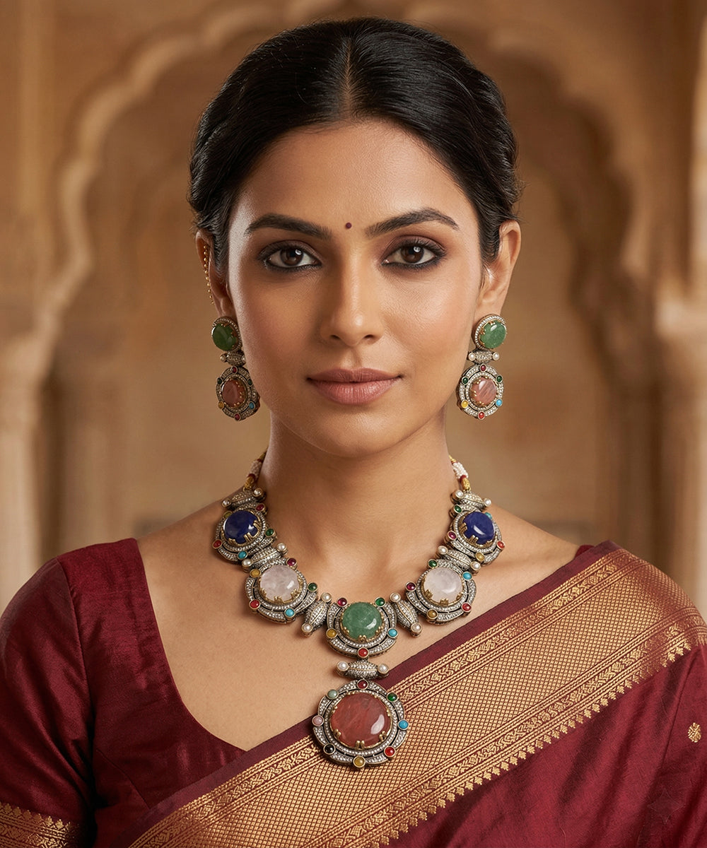 Viana Handcrafted Gold Plated Alloy Necklace With Colourful Semi Precious Stones