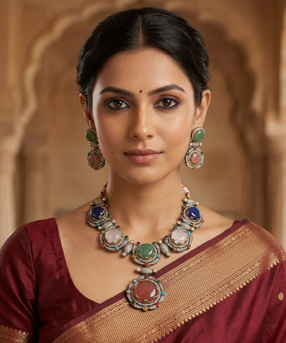 Viana Handcrafted Gold Plated Alloy Necklace With Colourful Semi Precious Stones