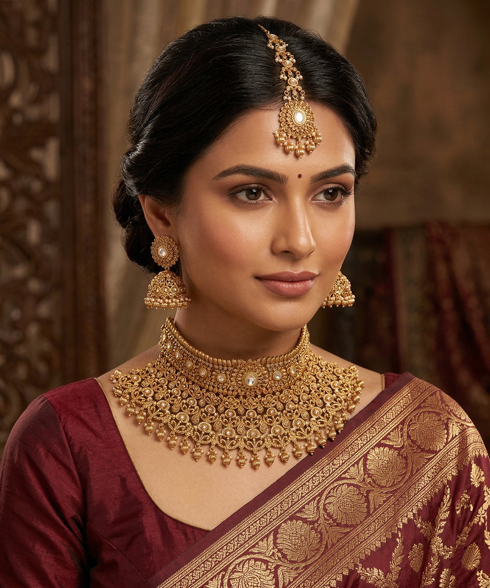 Pardes Handcrafted Gold Plated Alloy Collar Necklace Set With Pearls And Semi Pecious Stones And Maangtika