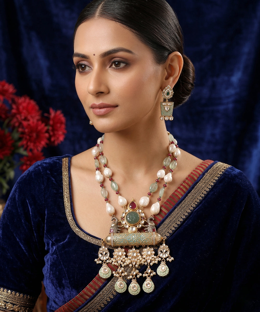 Huma Handcrafted Gold Plated Alloy Necklace Set With Pearls And Semi Pecious Stones