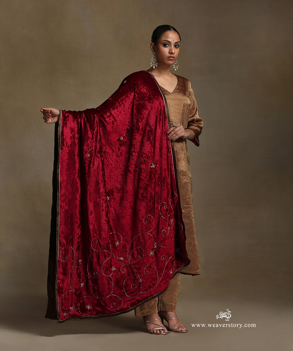 Red_Hand_Embroidered_Silk_Velvet_Doshala_With_Contrast_Chanderi_Tissue_Border_WeaverStory_02