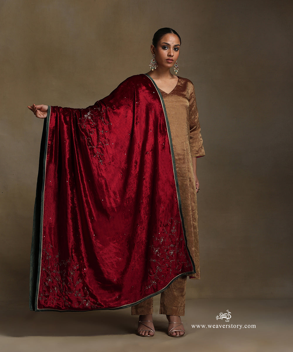 Red_Hand_Embroidered_Silk_Velvet_Doshala_With_Contrast_Chanderi_Tissue_Border_WeaverStory_02