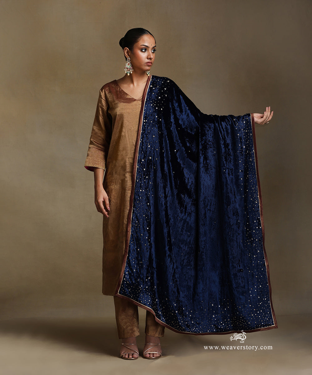 Blue_Hand_Embroidered_Silk_Velvet_Doshala_With_Contrast_Chanderi_Tissue_Border_WeaverStory_02