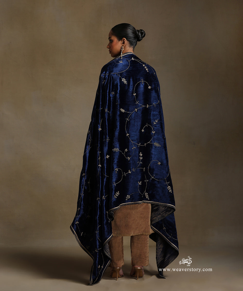 Blue_Hand_Embroidered_Silk_Velvet_Doshala_With_Contrast_Chanderi_Tissue_Border_WeaverStory_03