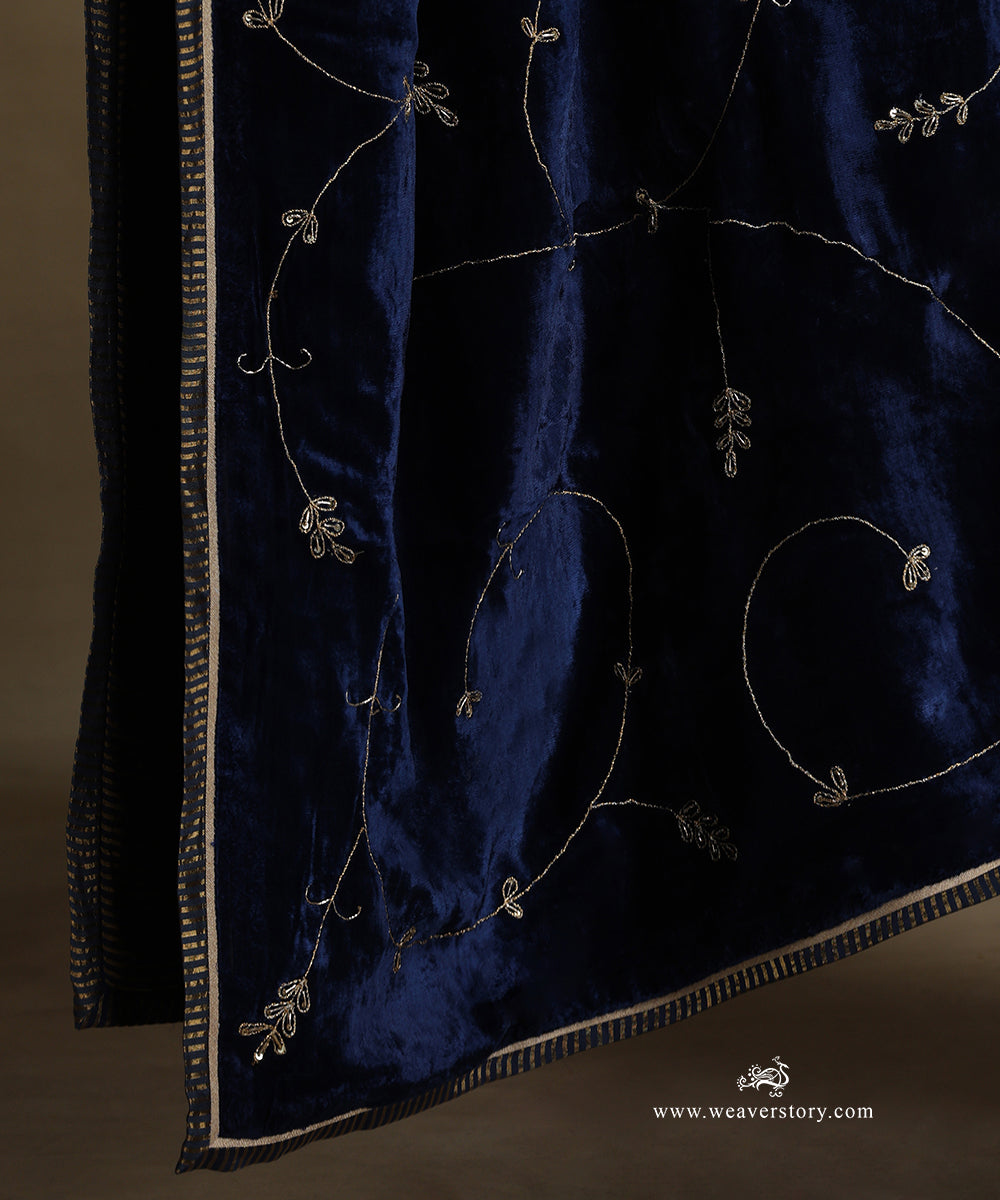 Blue_Hand_Embroidered_Silk_Velvet_Doshala_With_Contrast_Chanderi_Tissue_Border_WeaverStory_04