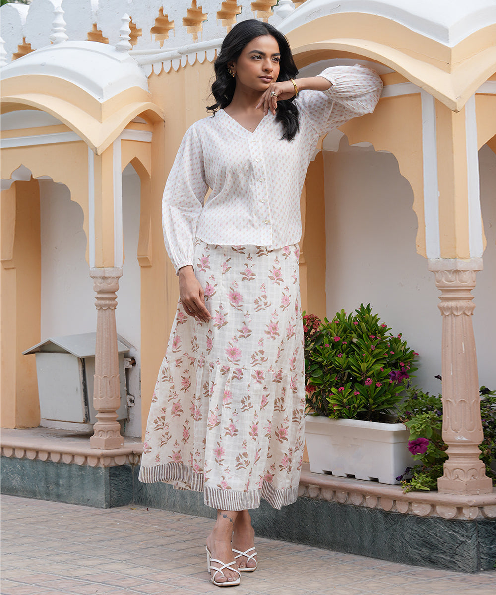 White Block Printed Top with White Skirt