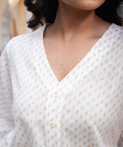 White Block Printed Top with White Skirt