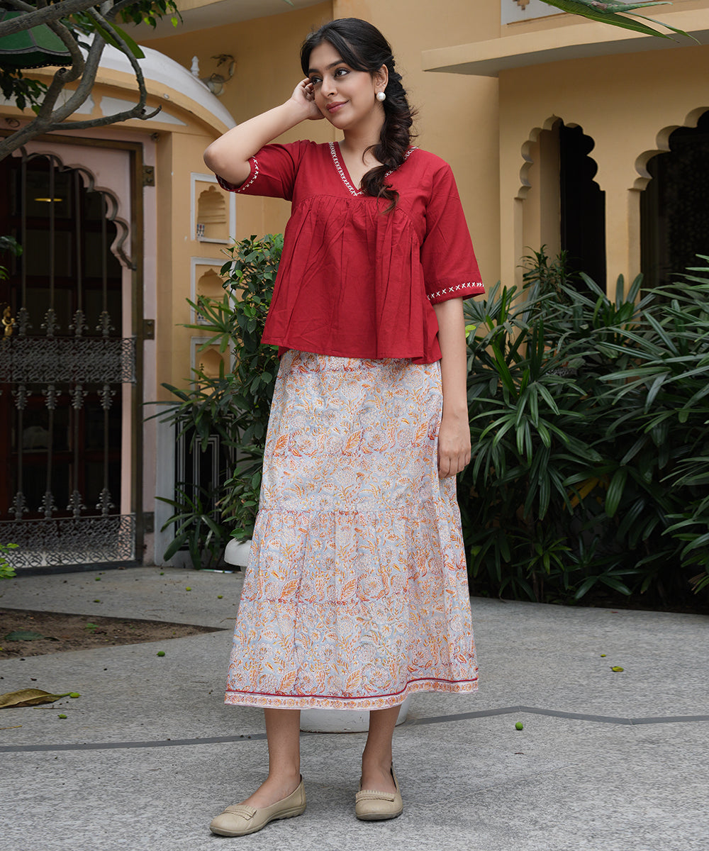 Red Cotton Top and Grey Block Printed Skirt