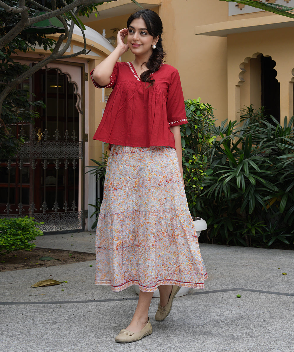 Red Cotton Top and Grey Block Printed Skirt