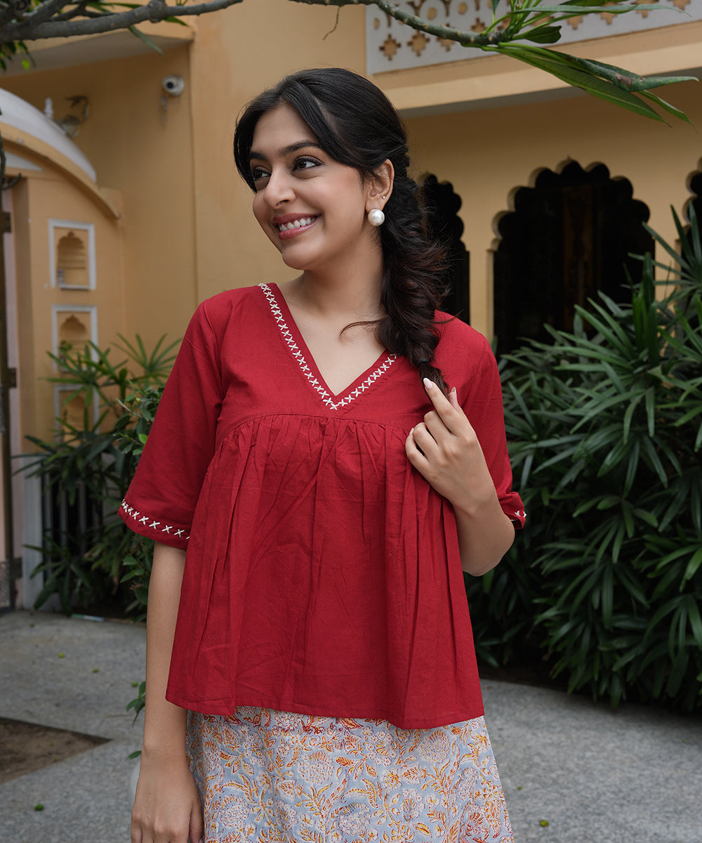 Red Cotton Top and Grey Block Printed Skirt