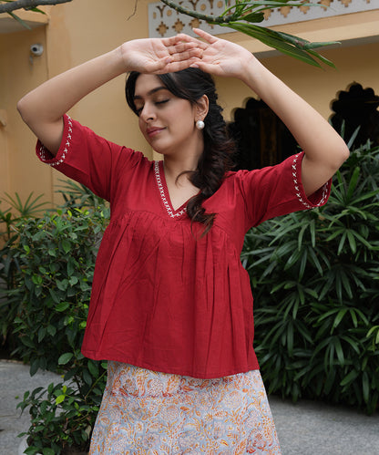Red Cotton Top and Grey Block Printed Skirt