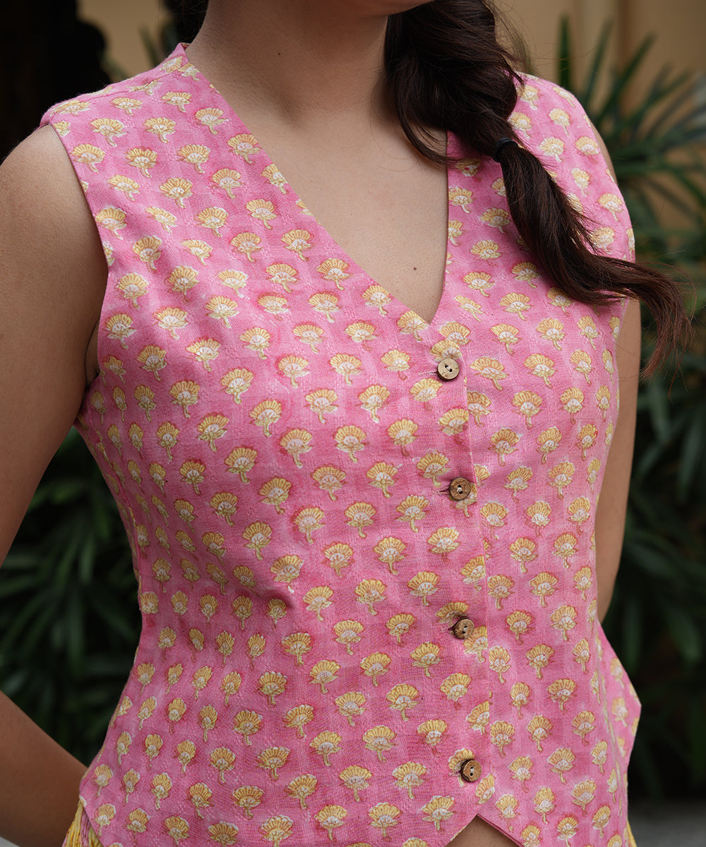 Pink Block Printed Top with Yellow Block Printed Skirt