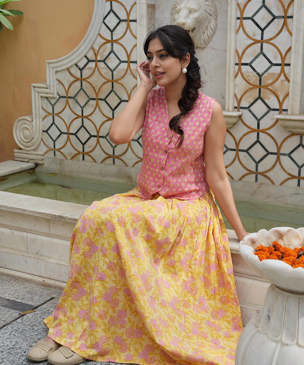 Pink Block Printed Top with Yellow Block Printed Skirt