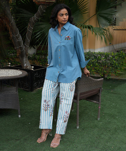 Blue Solid Shirt with Block Printed Poplin Pant