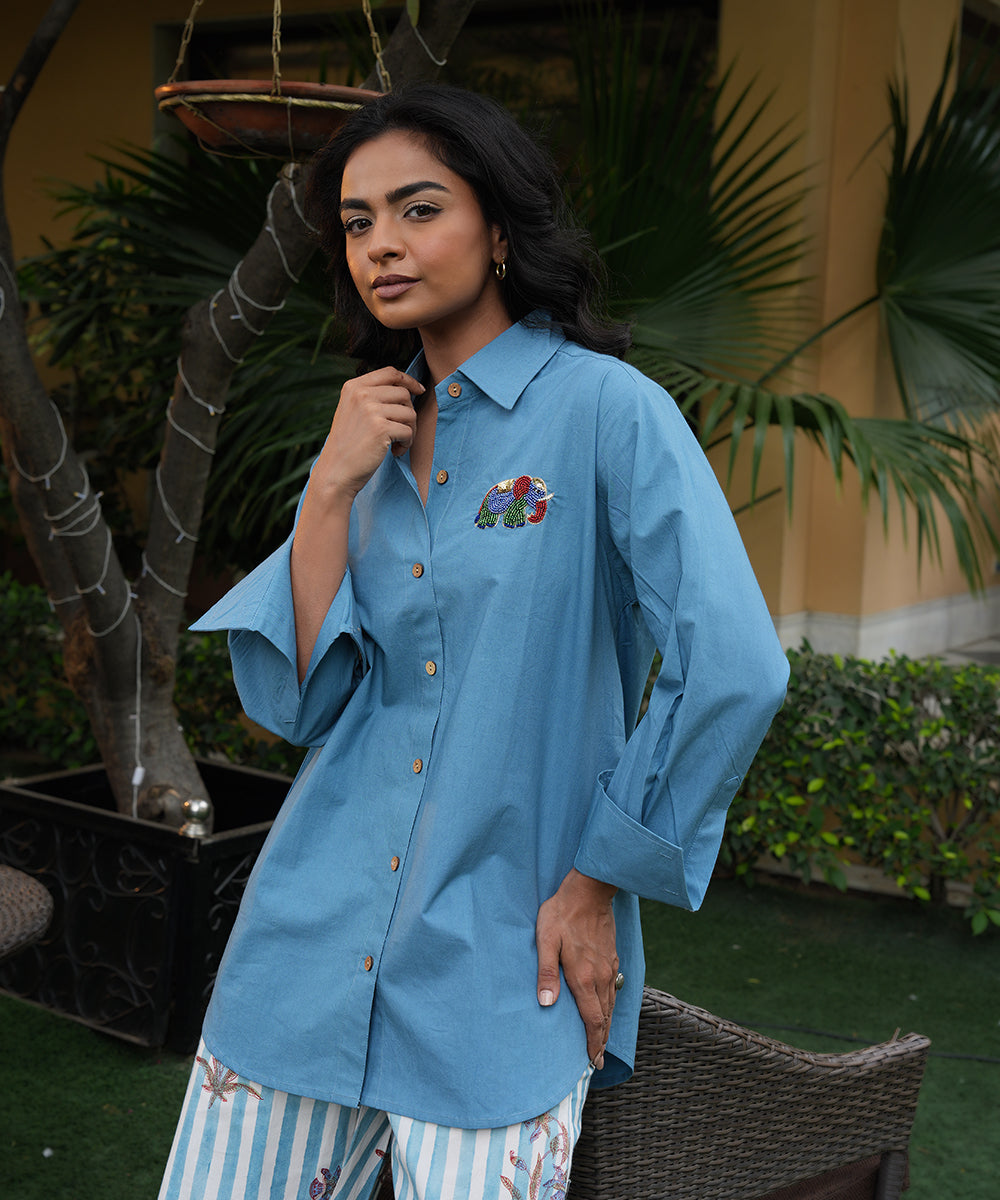 Blue Solid Shirt with Block Printed Poplin Pant