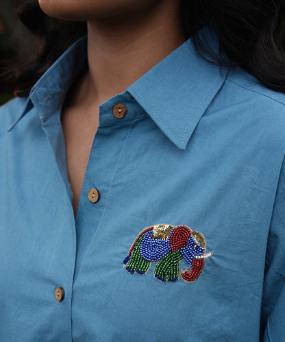 Blue Solid Shirt with Block Printed Poplin Pant