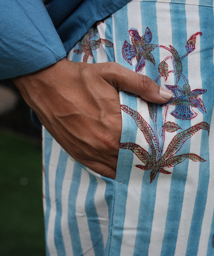 Blue Solid Shirt with Block Printed Poplin Pant