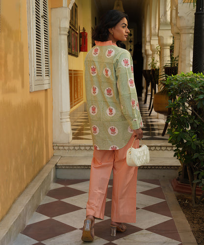 Olive Block Printed Shirt with Peach Solid Poplin Pant Set of 2