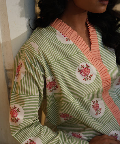 Olive Block Printed Shirt with Peach Solid Poplin Pant Set of 2