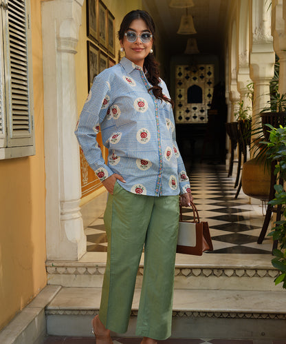 Blue Block Printed Poplin Shirt with Green Solid Poplin Pant