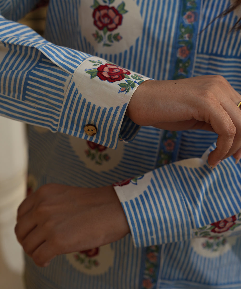 Blue Block Printed Poplin Shirt with Green Solid Poplin Pant