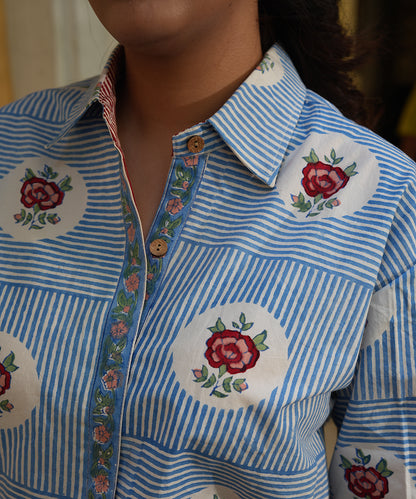 Blue Block Printed Poplin Shirt with Green Solid Poplin Pant