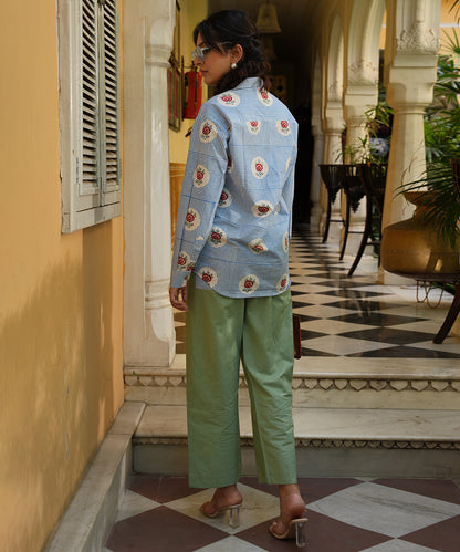 Blue Block Printed Poplin Shirt with Green Solid Poplin Pant