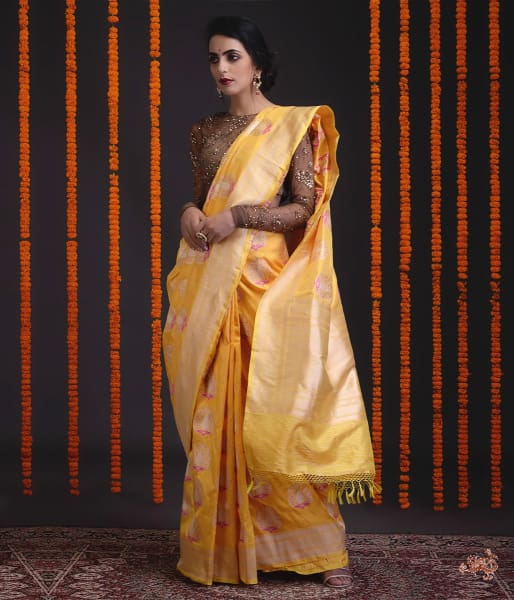 Yellow_Katan_Silk_Saree_with_heavy_gold_Zari_and_Meenakari_Motifs_WeaverStory_02