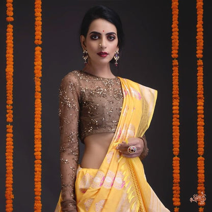 Yellow_Katan_Silk_Saree_with_heavy_gold_Zari_and_Meenakari_Motifs_WeaverStory_01