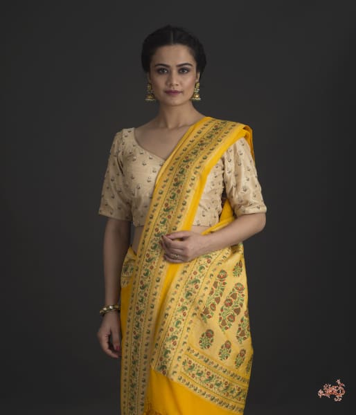 Yellow_Banarasi_Georgette_Saree_with_paithani_Borders_and_bird_Motifs_WeaverStory_01