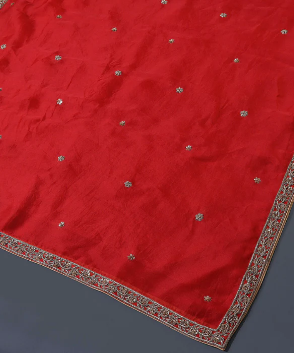 Handloom Red Organza Dupatta With Zardozi Border