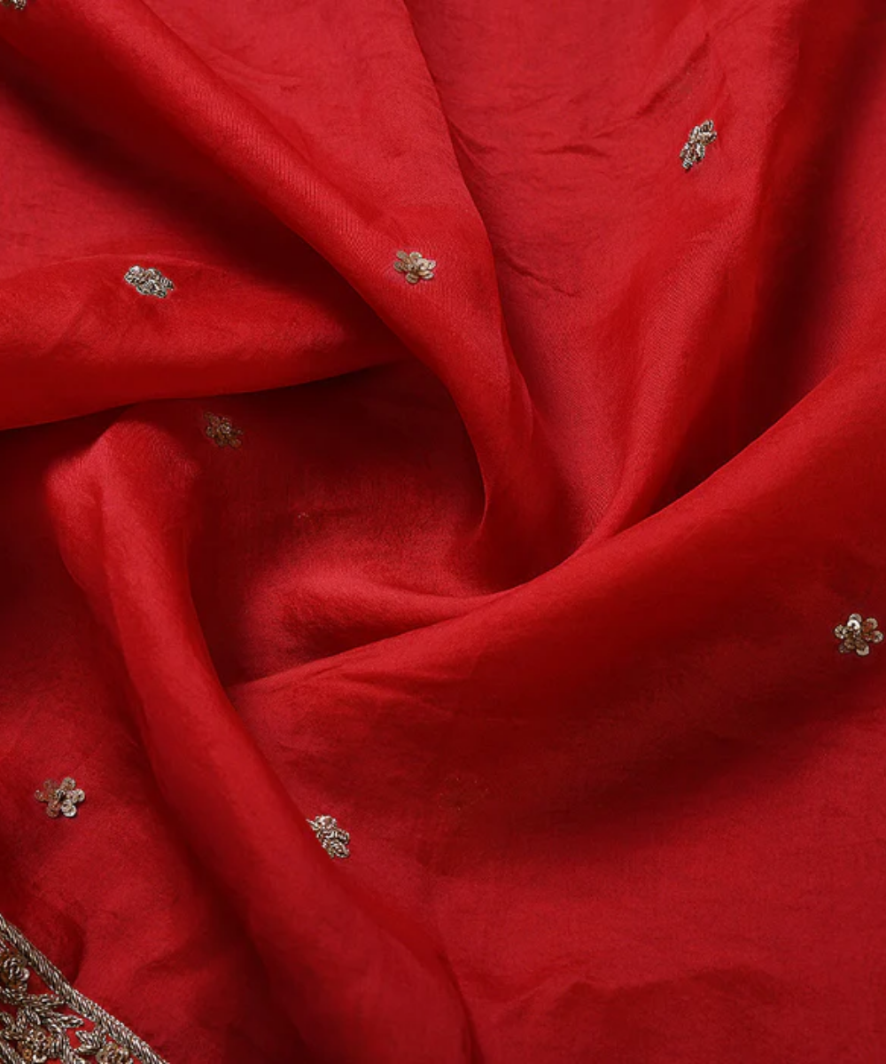 Handloom Red Organza Dupatta With Zardozi Border