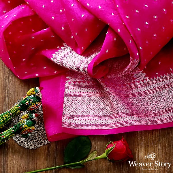 Handwoven_Bnaarsi_organza_dupatta_in_hot_pink_with_silver_zari_weave_WeaverStory_01