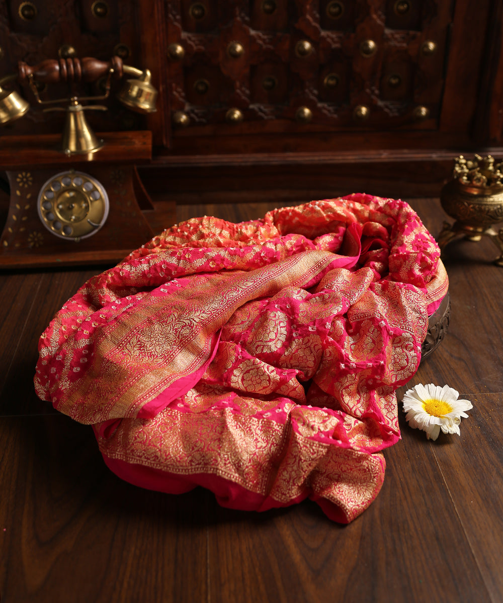 Handloom Fushcia Pink And Orange Pure Georgette Banarasi Bandhej Dupatta With Cutwork Jaal