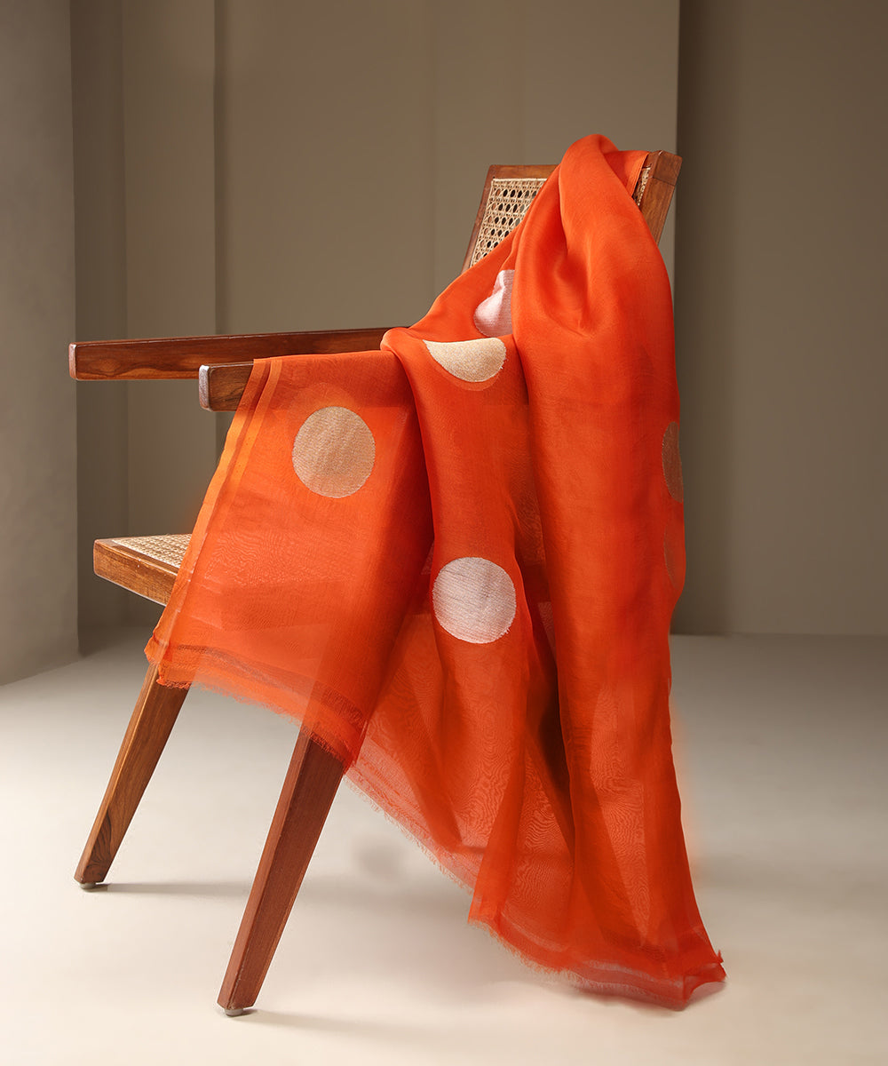 Orange_Handloom_Pure_Kora_Silk_Banarasi_Dupatta_With_Zari_Booti_WeaverStory_01