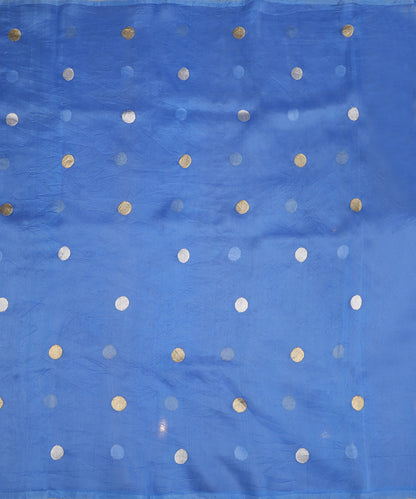 Full view of royal blue handloom organza silk dupatta with alternating circular gold and silver zari Kadhwa bootis.