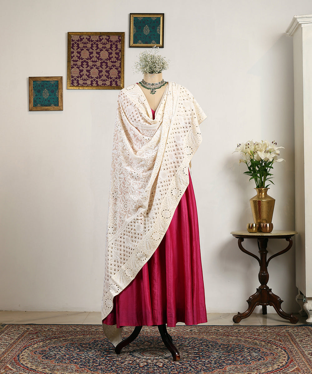 Cream_Handloom_Heavy_Chikankari_Dupatta_With_Mukaish_WeaverStory_01