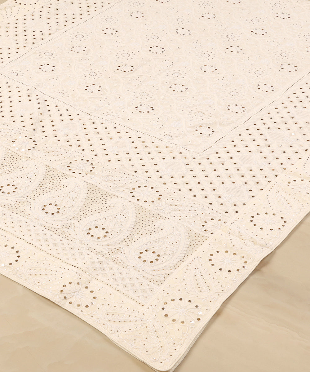 Cream_Handloom_Heavy_Chikankari_Dupatta_With_Mukaish_WeaverStory_03