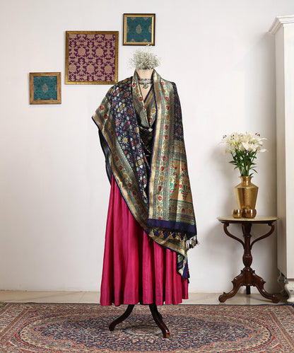 Navy_Blue_Handloom_Meenakari_Banarasi_Patola_Dupatta_With_Floral_Border_WeaverStory_01