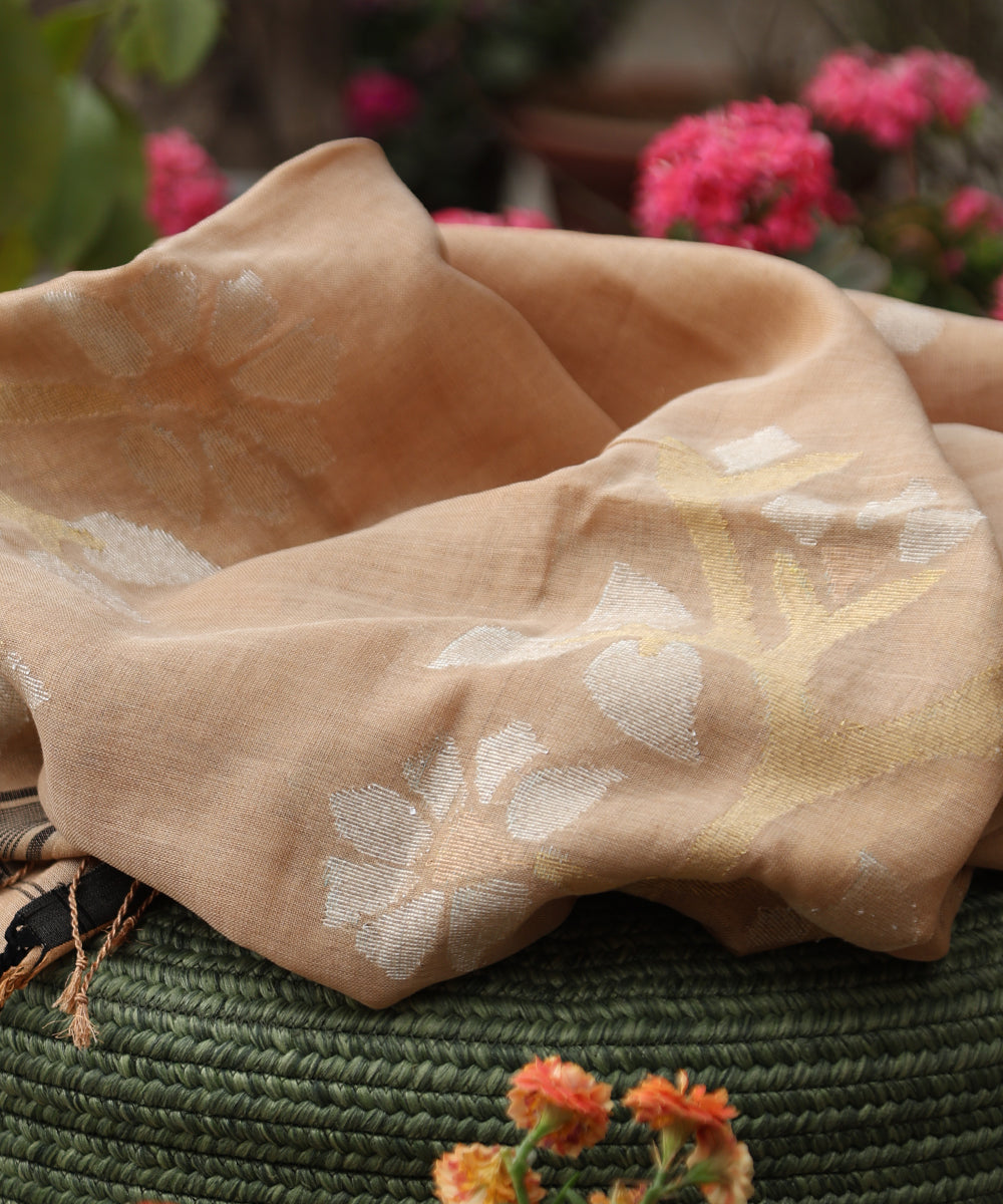 Brown_And_Black_Handloom_Pure_Linen_Tissue_Banarasi_Dupatta_With_Jamdani_Weave_WeaverStory_01