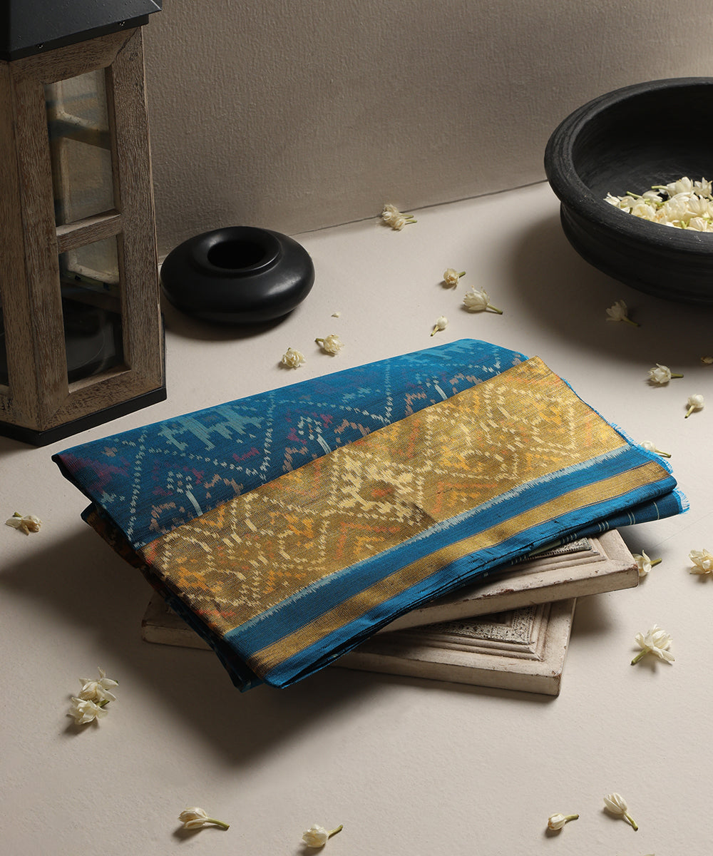 Handloom_Teal_Mulberry_Silk_Ikat_Patola_Dupatta_With_Tissue_Border_WeaverStory_01