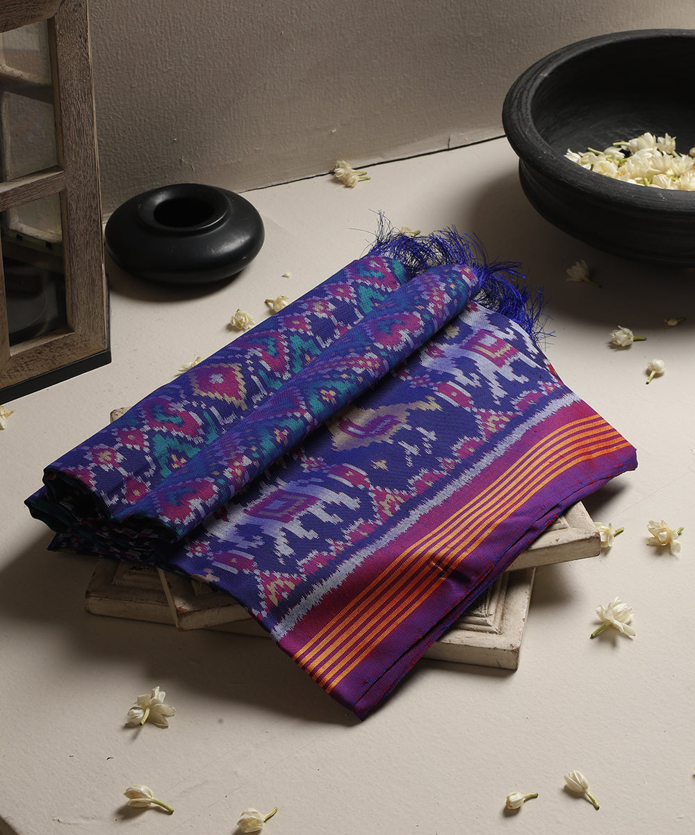 Handloom_Blue_And_Green_Mulberry_Silk_Ikat_Patola_Dupatta_With_Mustard_Stripe_Border_WeaverStory_01